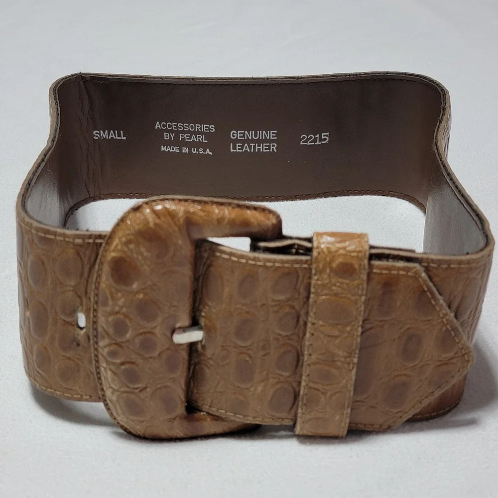 Brown Genuine Leather Wide Waist Belt Animal Print Reptile Embossed Women XS/S